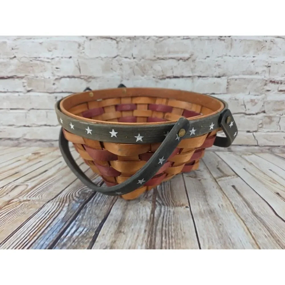 Vintage Primitive Woven Basket Red Green Americana Star Farmhouse Decor